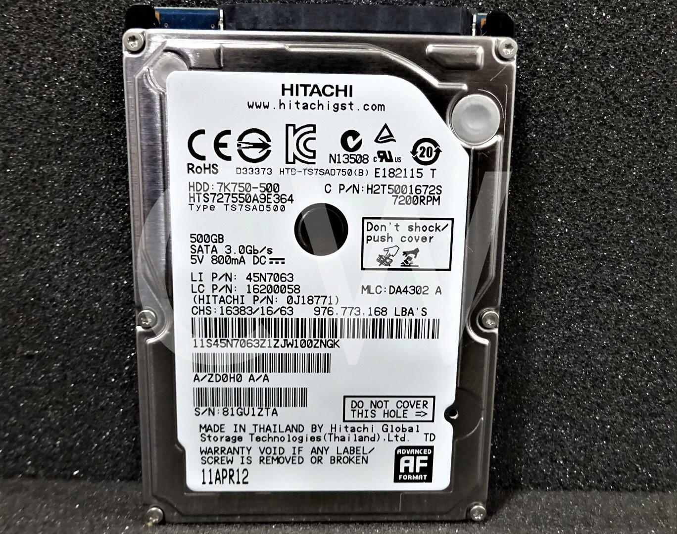 HTS727550A9E364 Hitachi 0J18811 500GB 7.2K RPM 3Gb/s 2.5"SATA HDD Hard Drive