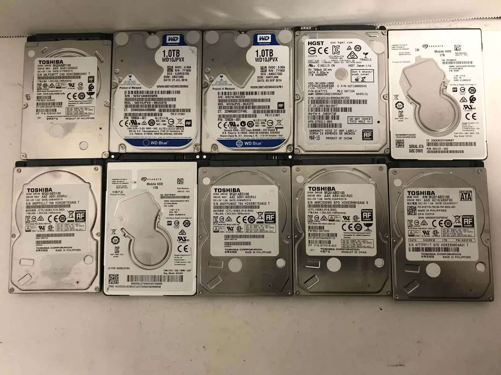 Lot of 10 Mixed Brand Mixed Speed 1TB 2.5" SATA Hard Drive HDD Tested Wiped