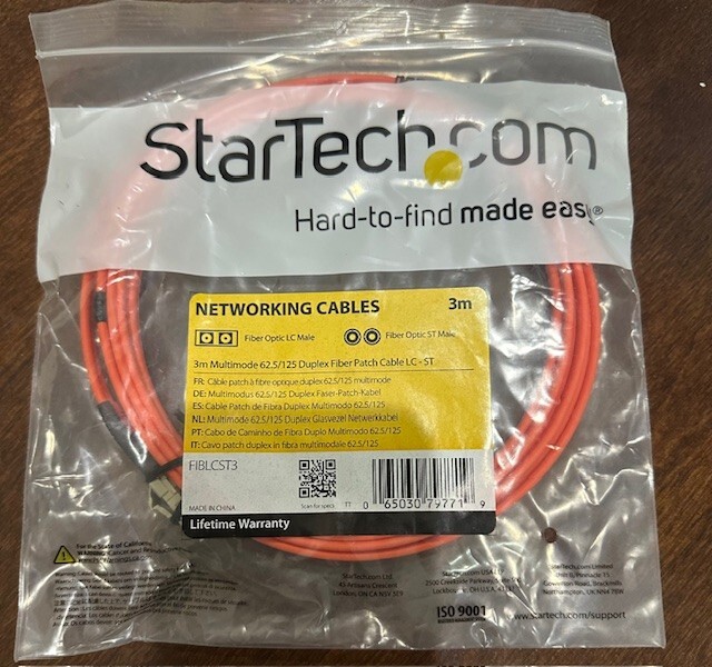 Startech 3M Multimode 62.5/125 Duplex Fiber Patch Cable LC-ST, # FIBLCST3