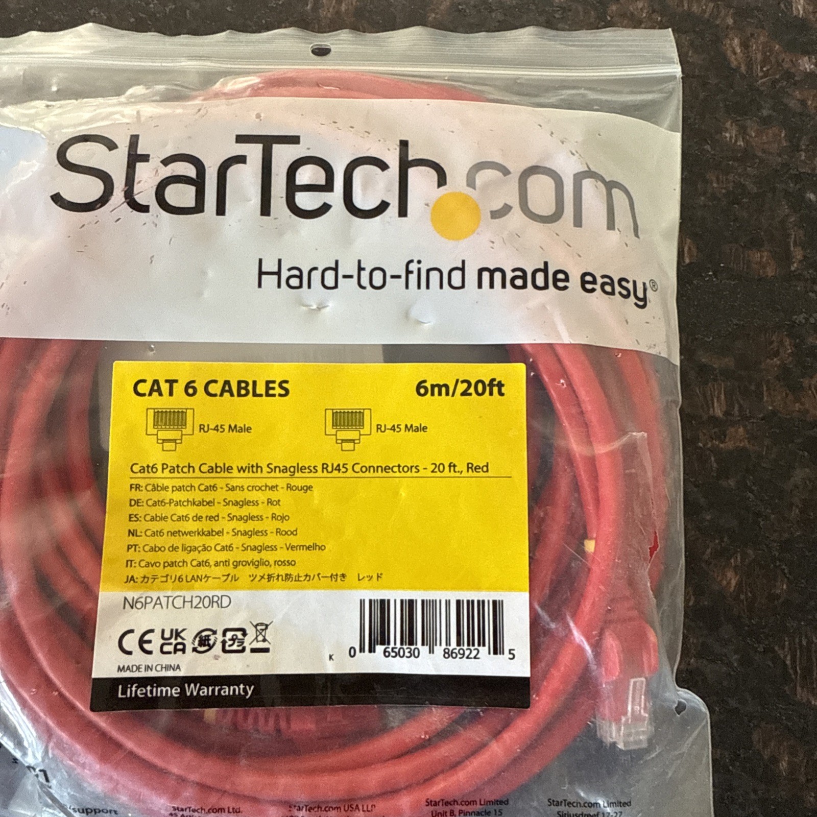 StarTech 20ft Red Cat6 Patch Cable with Snagless RJ45 Connectors - Long Ethernet