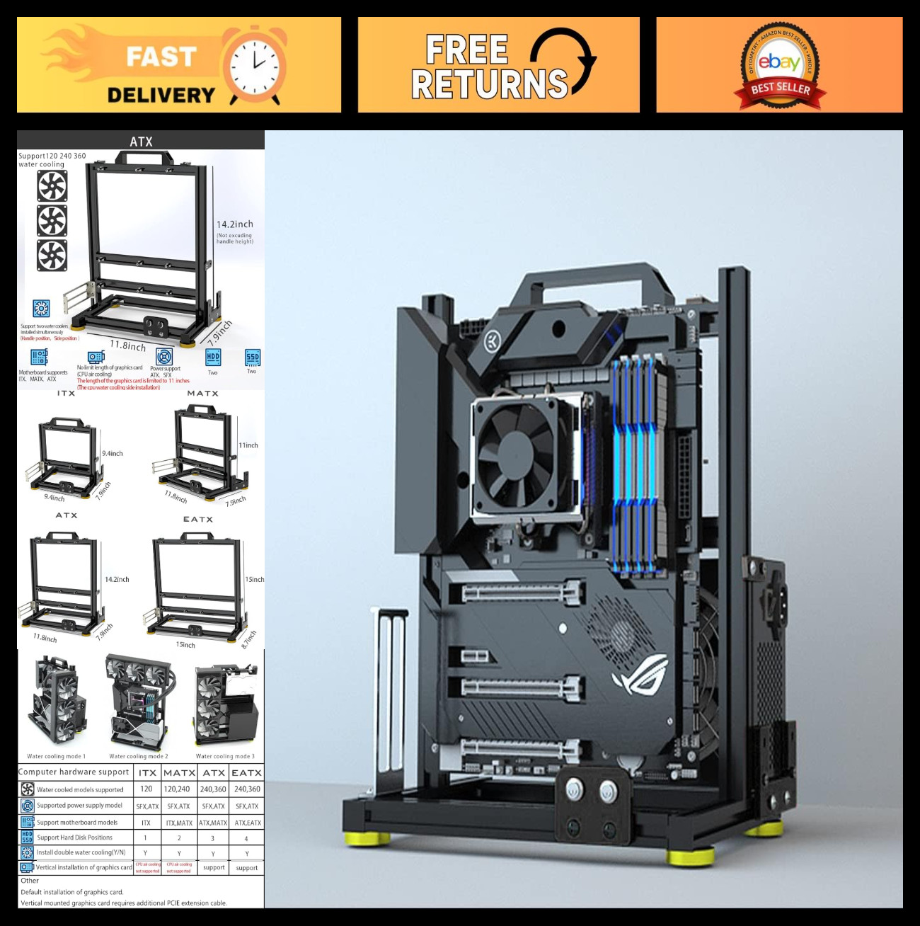DIY Open Air Test Bench Frame for PC, ITX ATX MATX EATX Aluminum Case Rack