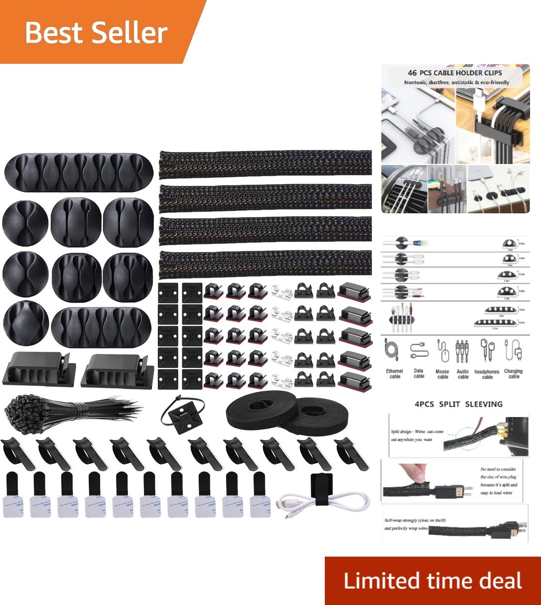 Comprehensive 192PCS Cable Management Kit: Clips, Ties & Sleek Sleeves Included