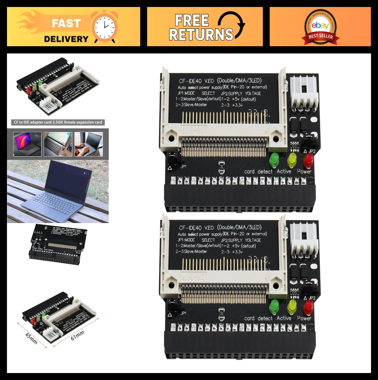 40 Pin CF to IDE Adapter Card - 2pcs Compact Flash Converter for Notebooks & Ind
