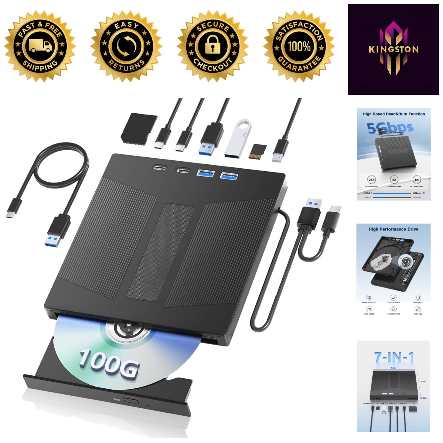 7-in-1 External Blu-Ray Drive with 100G Support & 3D Playback | USB 3.0