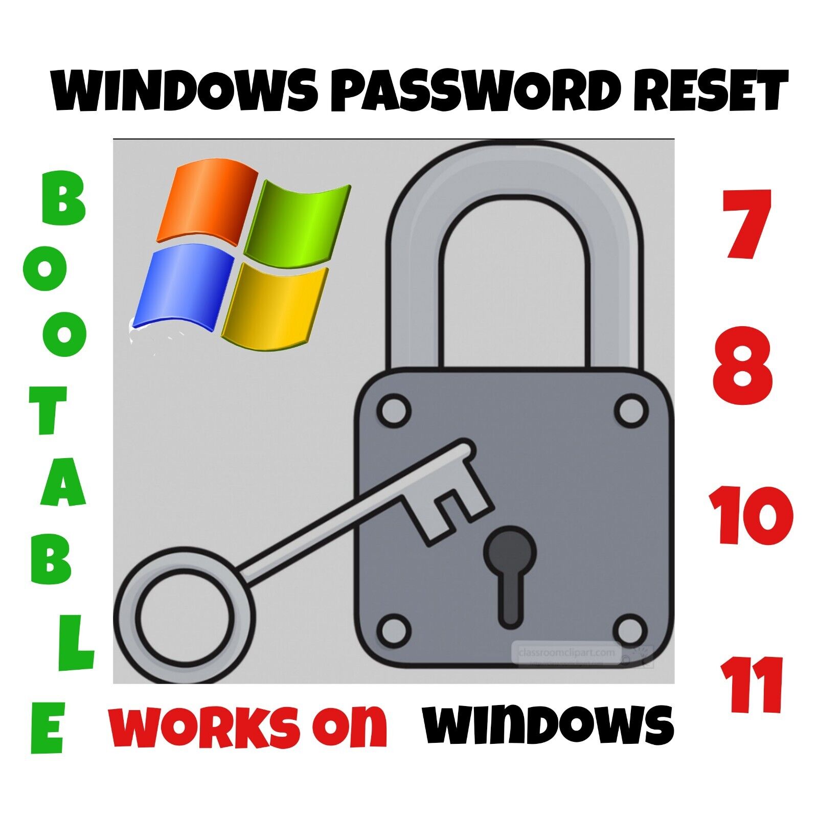Windows Password Reset Recovery USB for Windows 7, 8, 10, 11 32/64bit, Bootable 