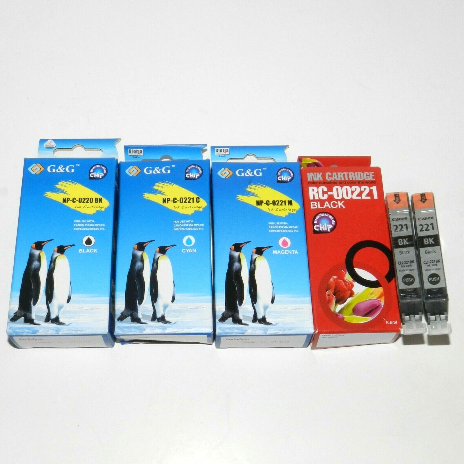 Lot 6 Pcs 3 G&G CYAN,MAGENTA,BLACK-1 RC-00221 & 2 CLI-221 BK  Ink Cartridges