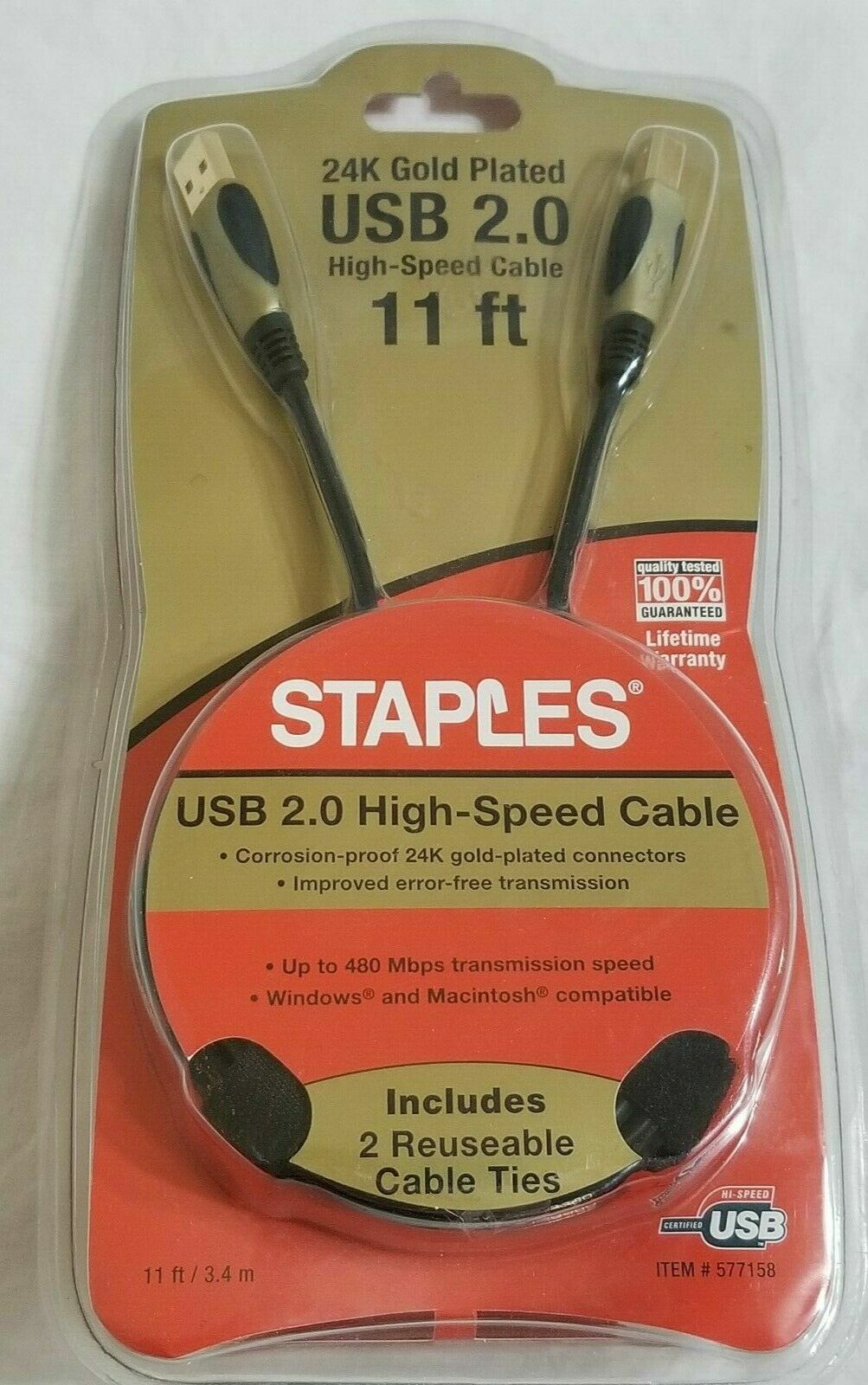 NEW Staples USB 2.0 High Speed Cable 11 ft. 24K Gold Plated -J