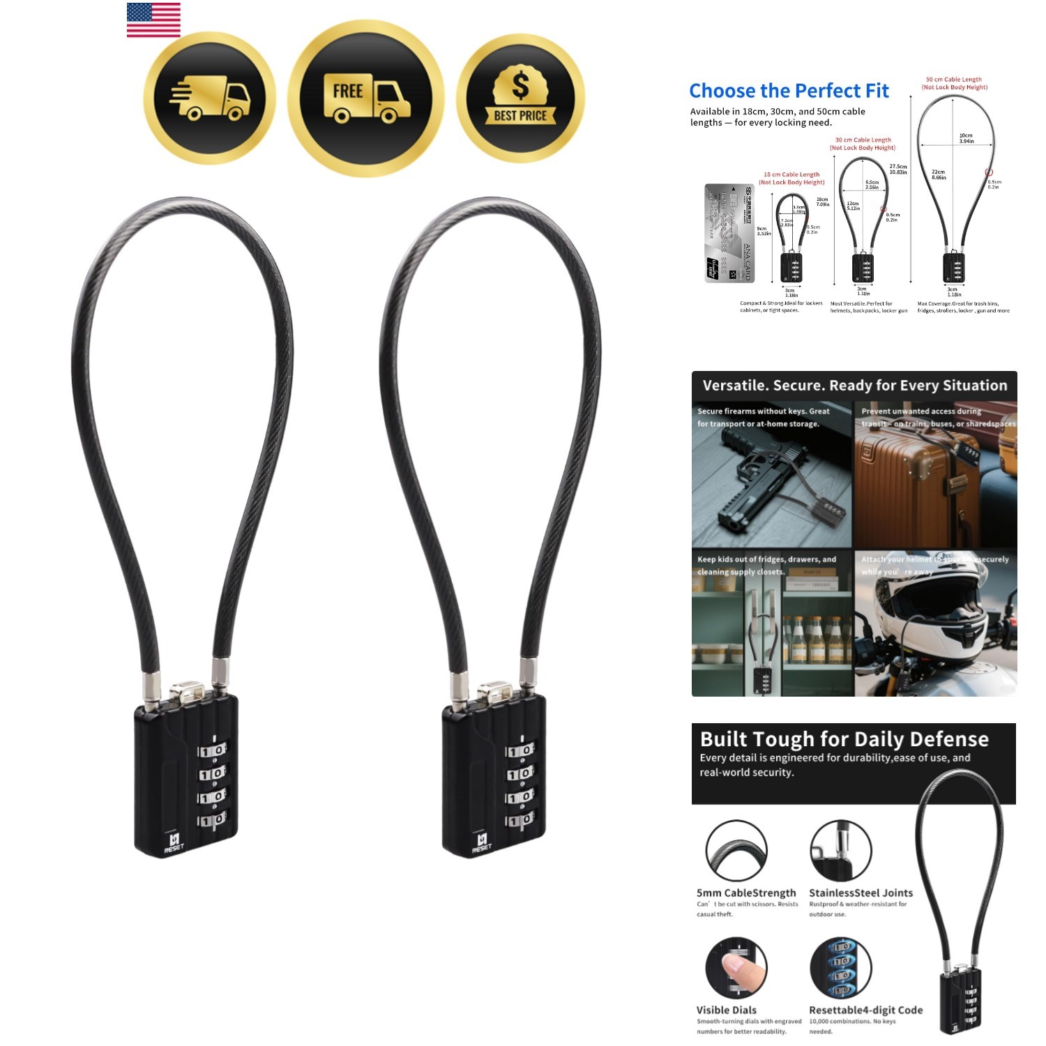 201 2 Pack 4 Digit Combination Cable Padlock, 12 Inch/30 cm 5mm Flexible Cabl...