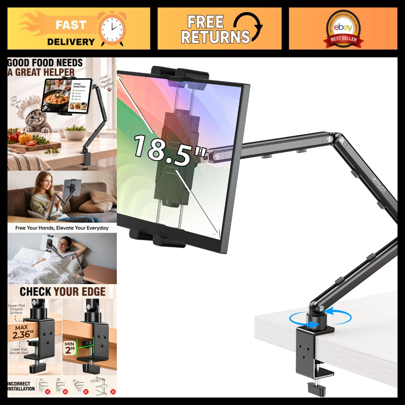 Adjustable Portable Monitor Stand 18.5" - Versatile iPad Desk Holder, Ergonomic