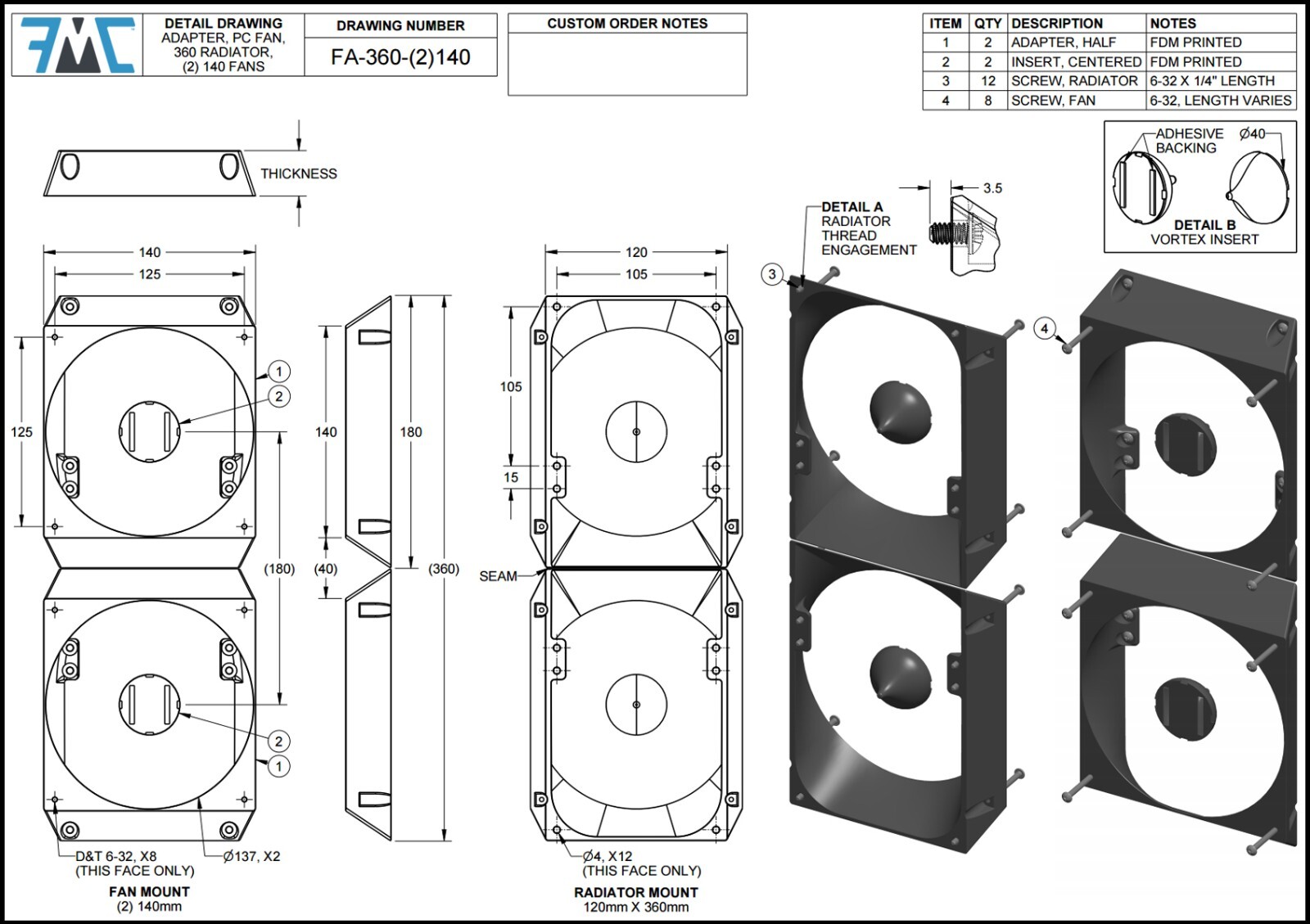 PC Fan Radiator AIO Reducer, 360mm Rad x (2) 140mm Fans, Cowl, Shroud, Adapter