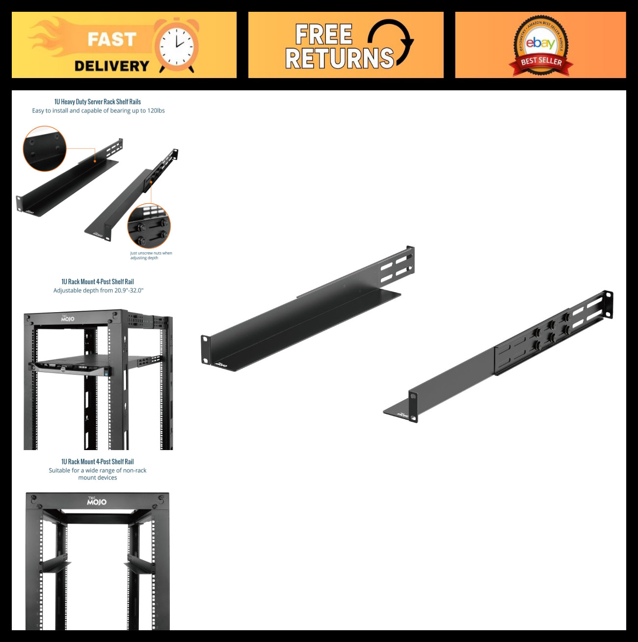Universal 1U Rack Mount Rails, 4-Post Adjustable Shelf for Server/Networking/AV