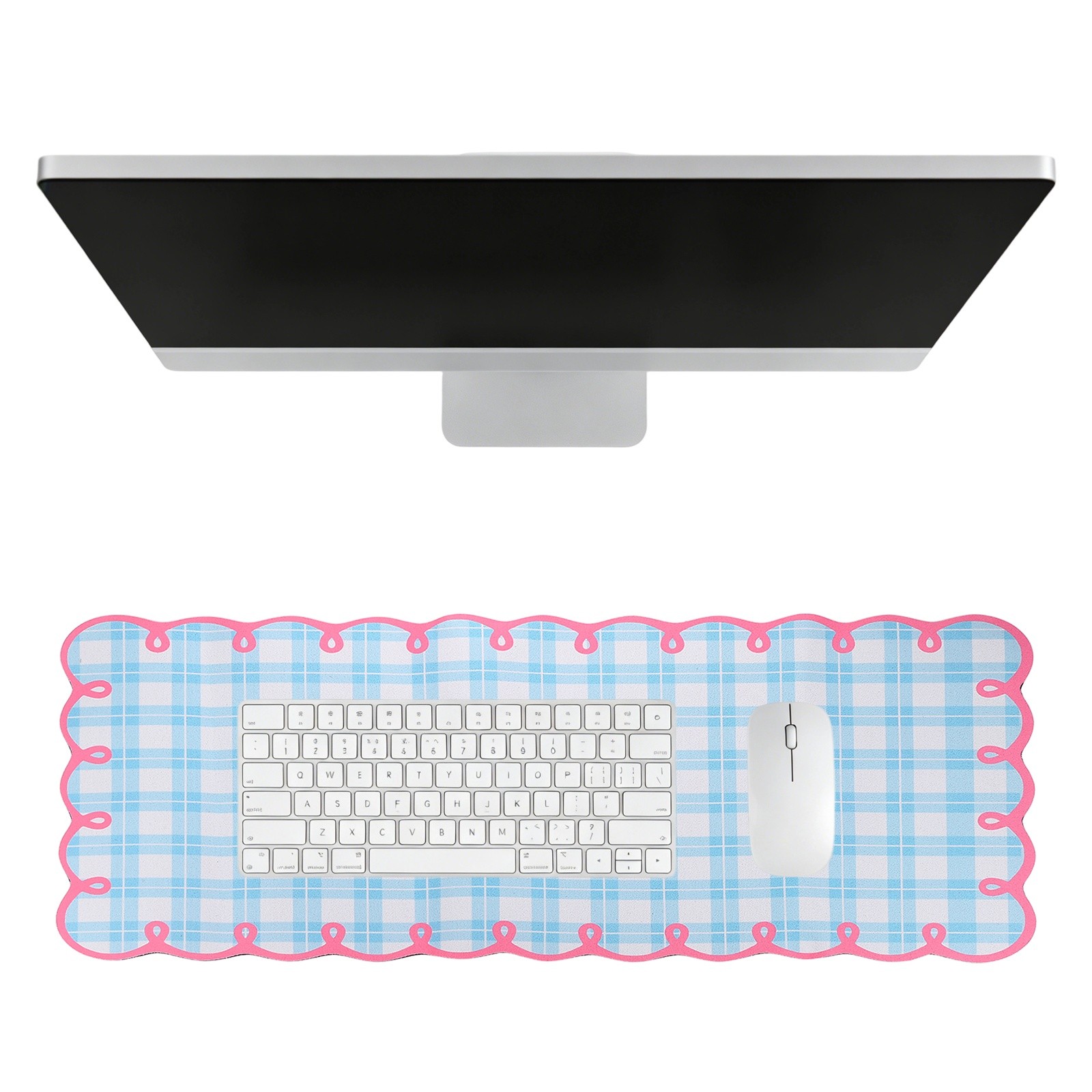Scalloped Desk Mat, 31.5 x 11.8" Checkered Large Mouse Pad, Blue-Pink
