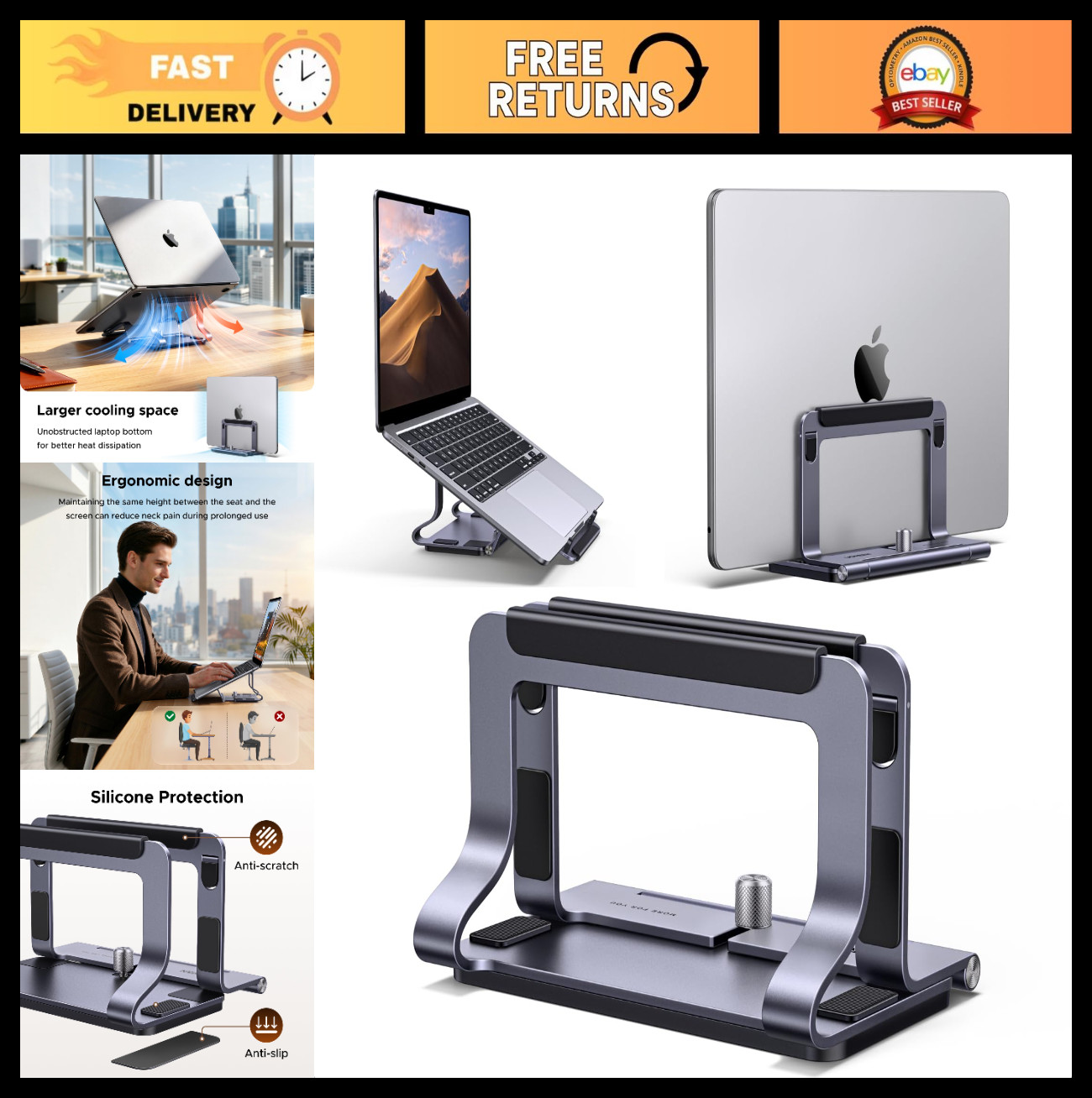 2-in-1 Adjustable Laptop Stand for Desk, Vertical & Horizontal Holder, Durable A