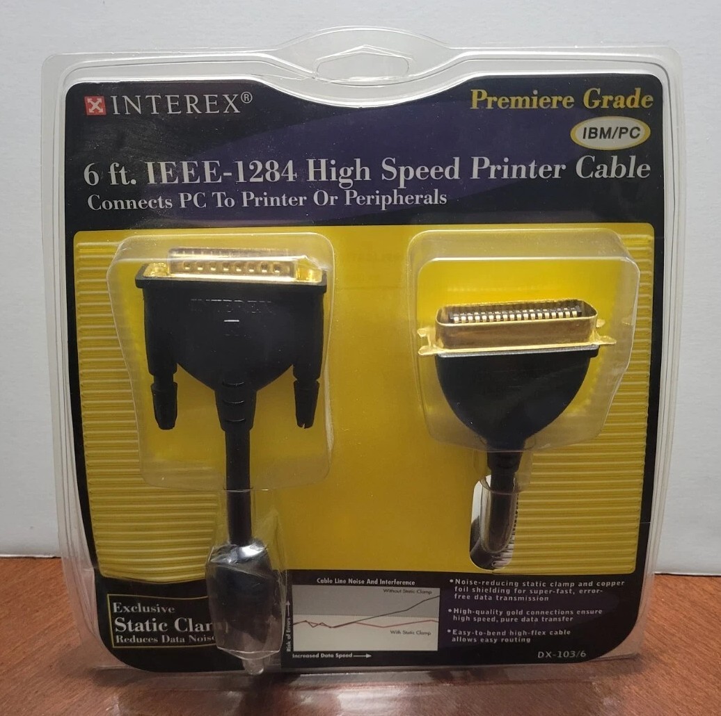 Interex IEEE-1284 High Speed Parallel Printer Cable Gold Connector IBM PC 6' NEW
