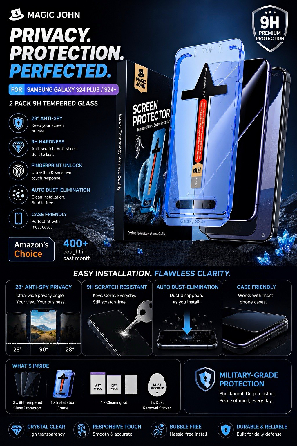 MAGIC JOHN 2-Pack Privacy Glass Protector Galaxy S24 Plus 6.7"