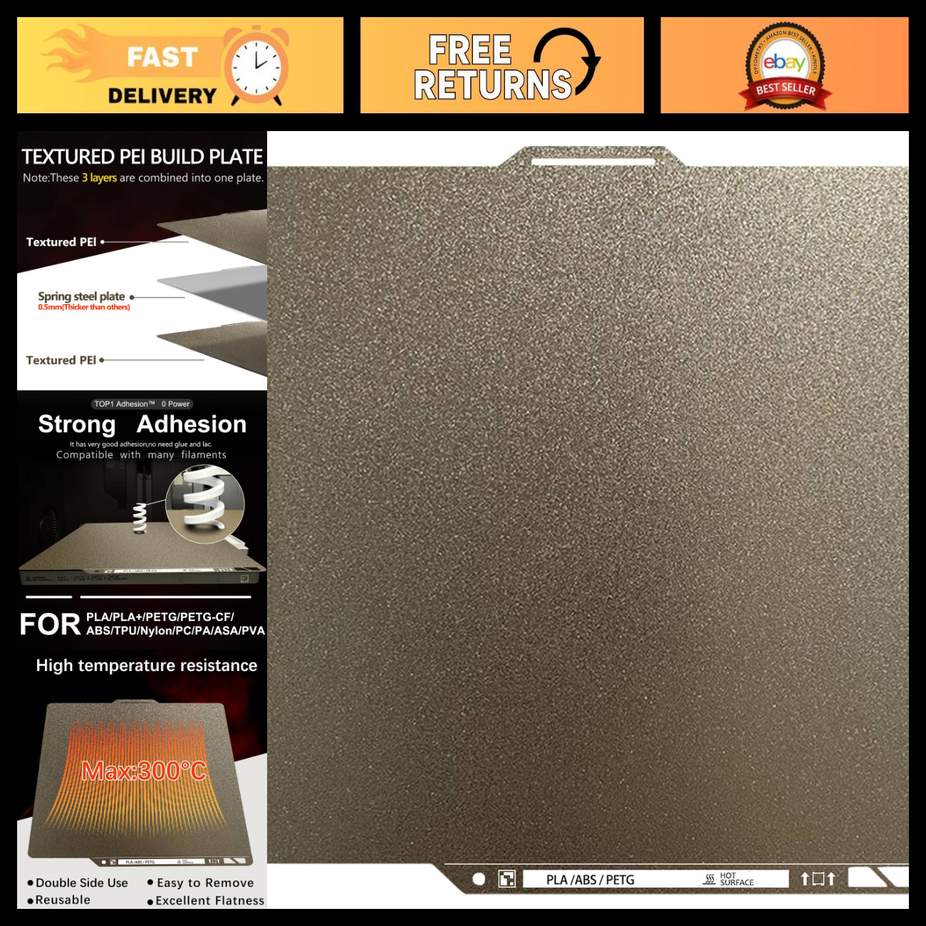 Thicker Textured PEI Plate 0.77mm with QR Code for Bambu Lab 3D Printers, 257x25