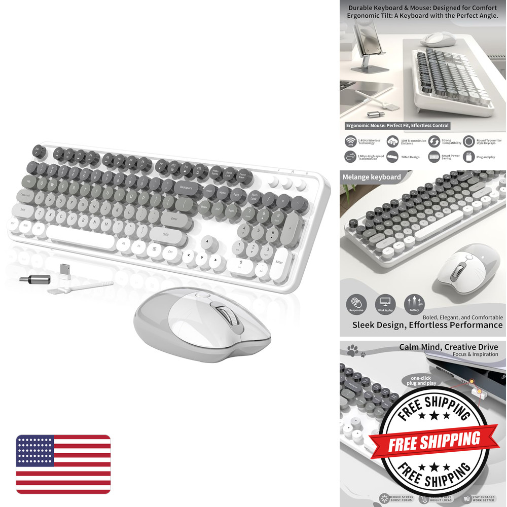 MOFII Wireless Keyboard and Mouse Set, Retro Typewriter Style, Gray White