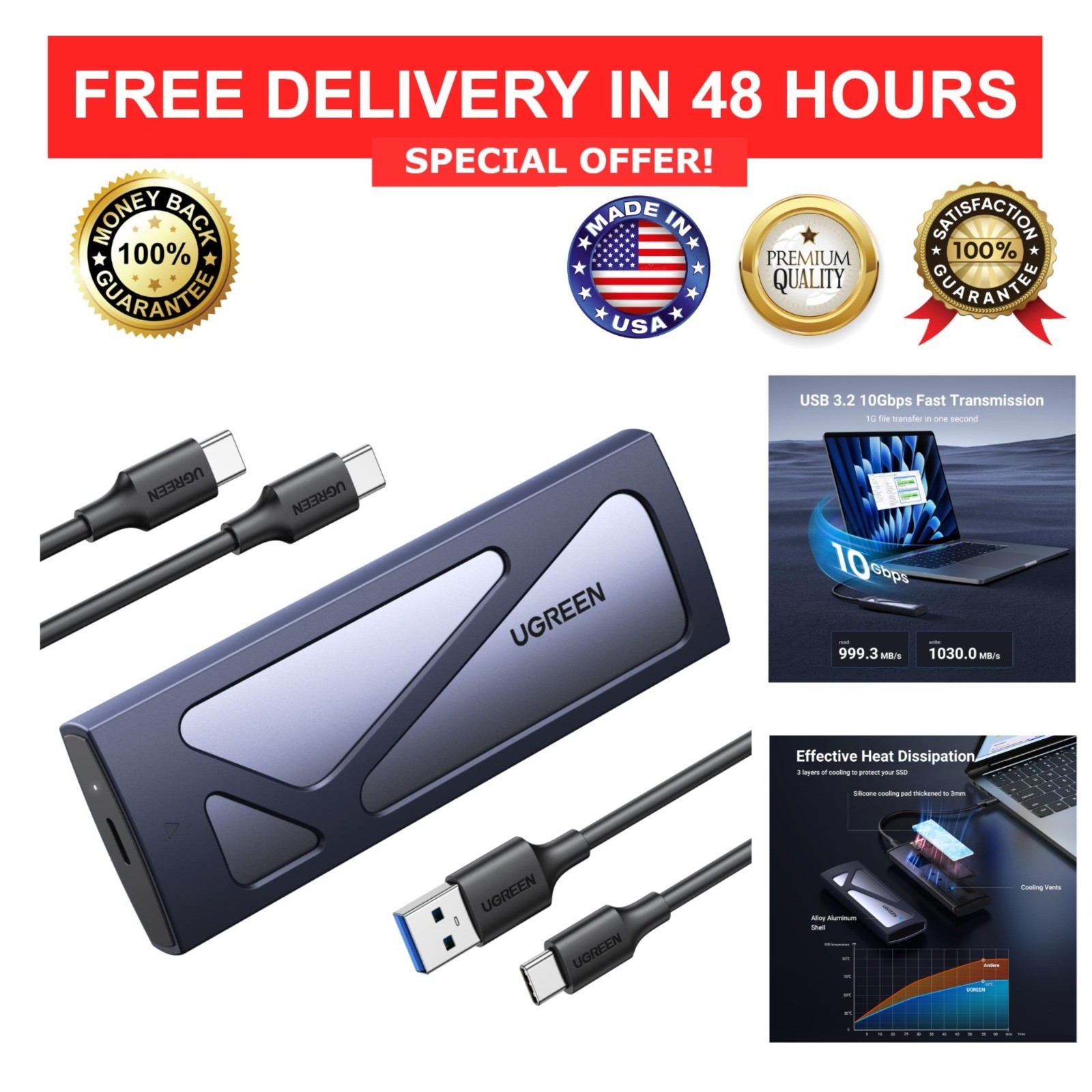 UGREEN M.2 NVMe SSD Enclosure USB C 10Gbps Tool-Free Aluminum External Case