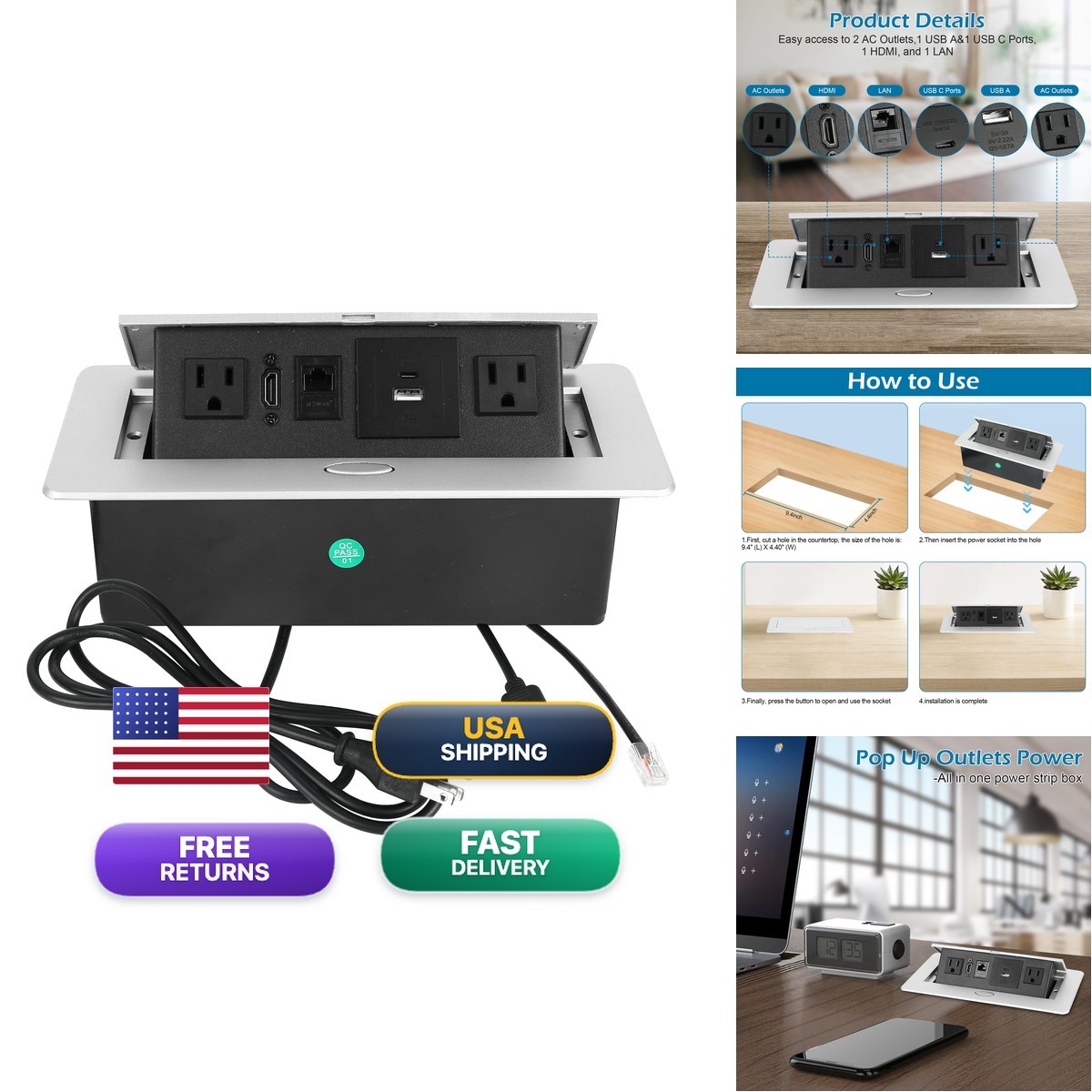 WHXGG Table Pop Up Outlet USB 2AC LAN HDMI Socket Silver-2 for Desk Hotel