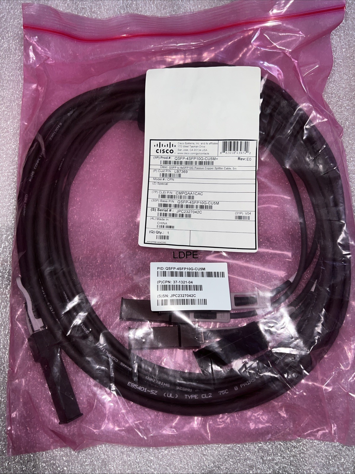  Genuine Cisco Four-Point SFP QSFP-4SFP10G-CU5M 4X SFP10GB Passive Copper Cable