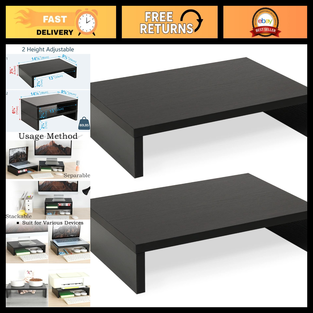 2-Pack Wood Monitor Stand Riser for Desk - Adjustable Height, Black Finish
