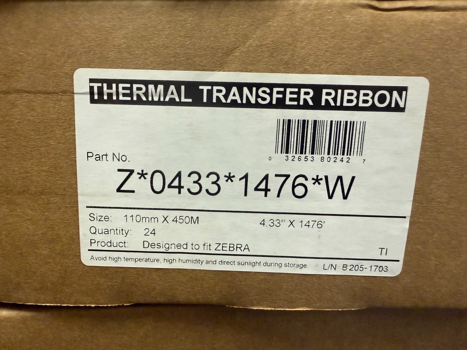 Thermal Transfer Wax Ribbon for Zebra Printer 4.33" x 1476' Pack of 24 Rolls