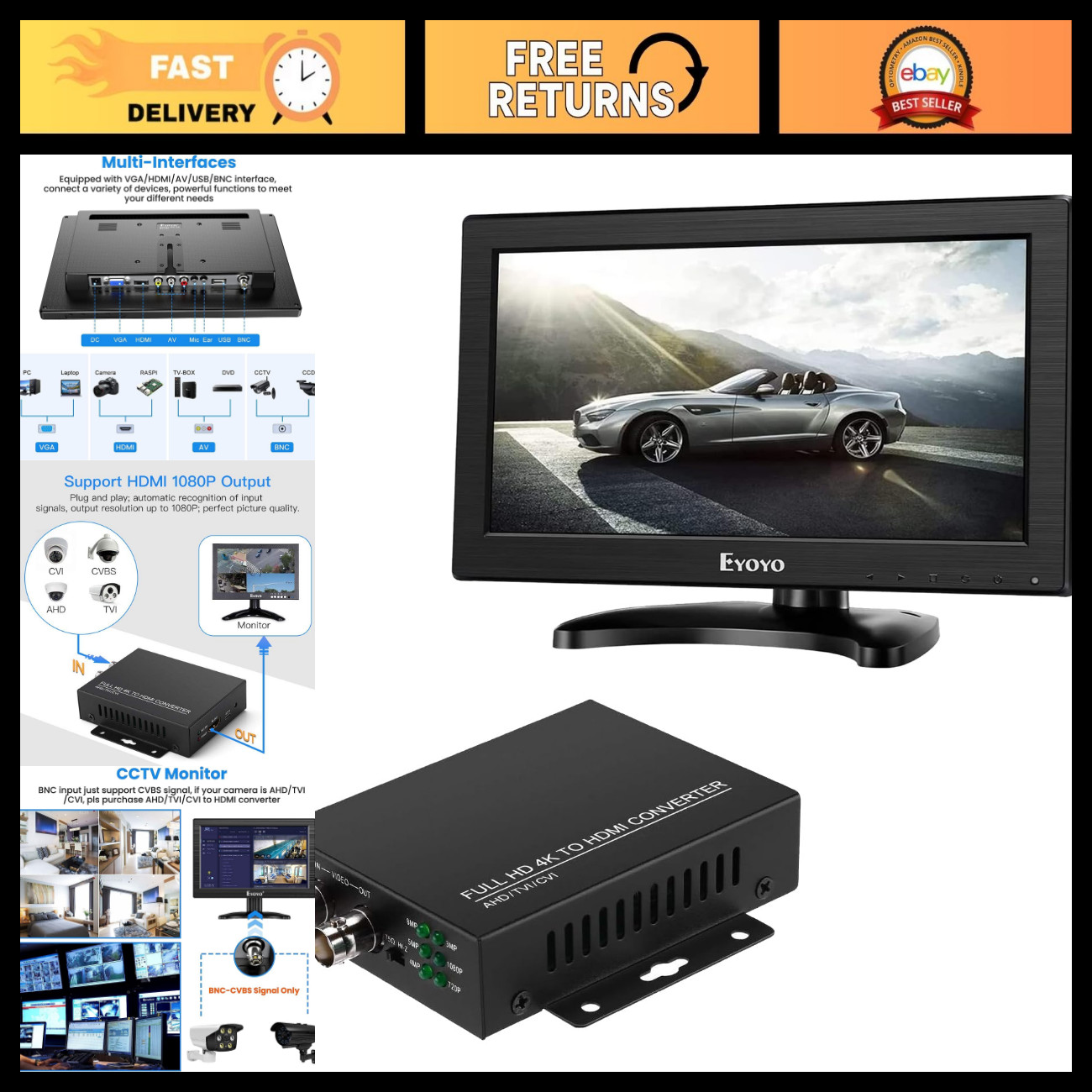 12" Portable TFT LCD Monitor - HDMI, AV, BNC, VGA Inputs, 1366x768 Mini HD Displ