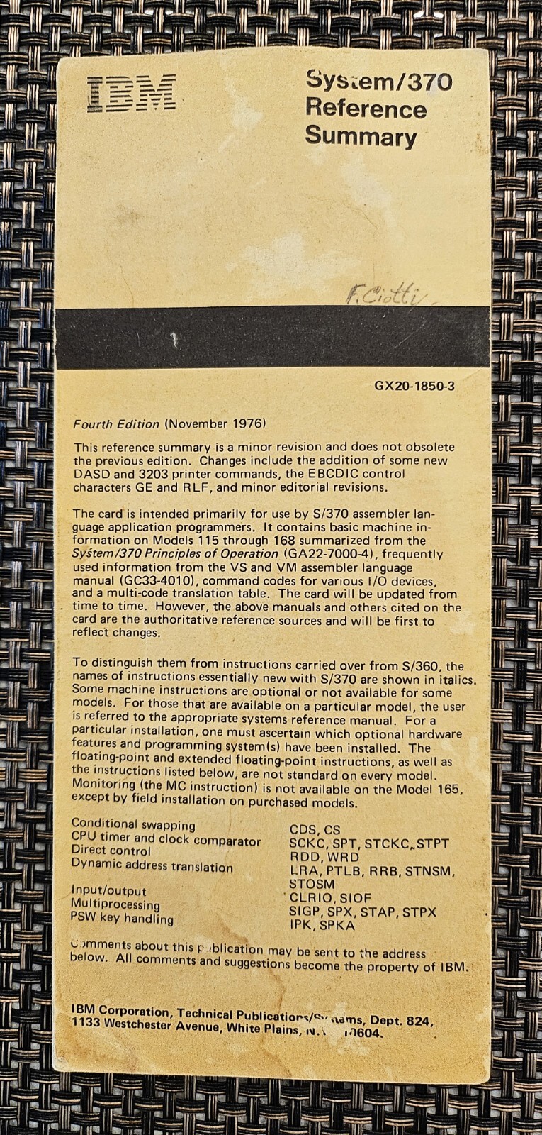 IBM System 370 Reference Summary Card - Fourth Edition Nov 1976 (Vintage)