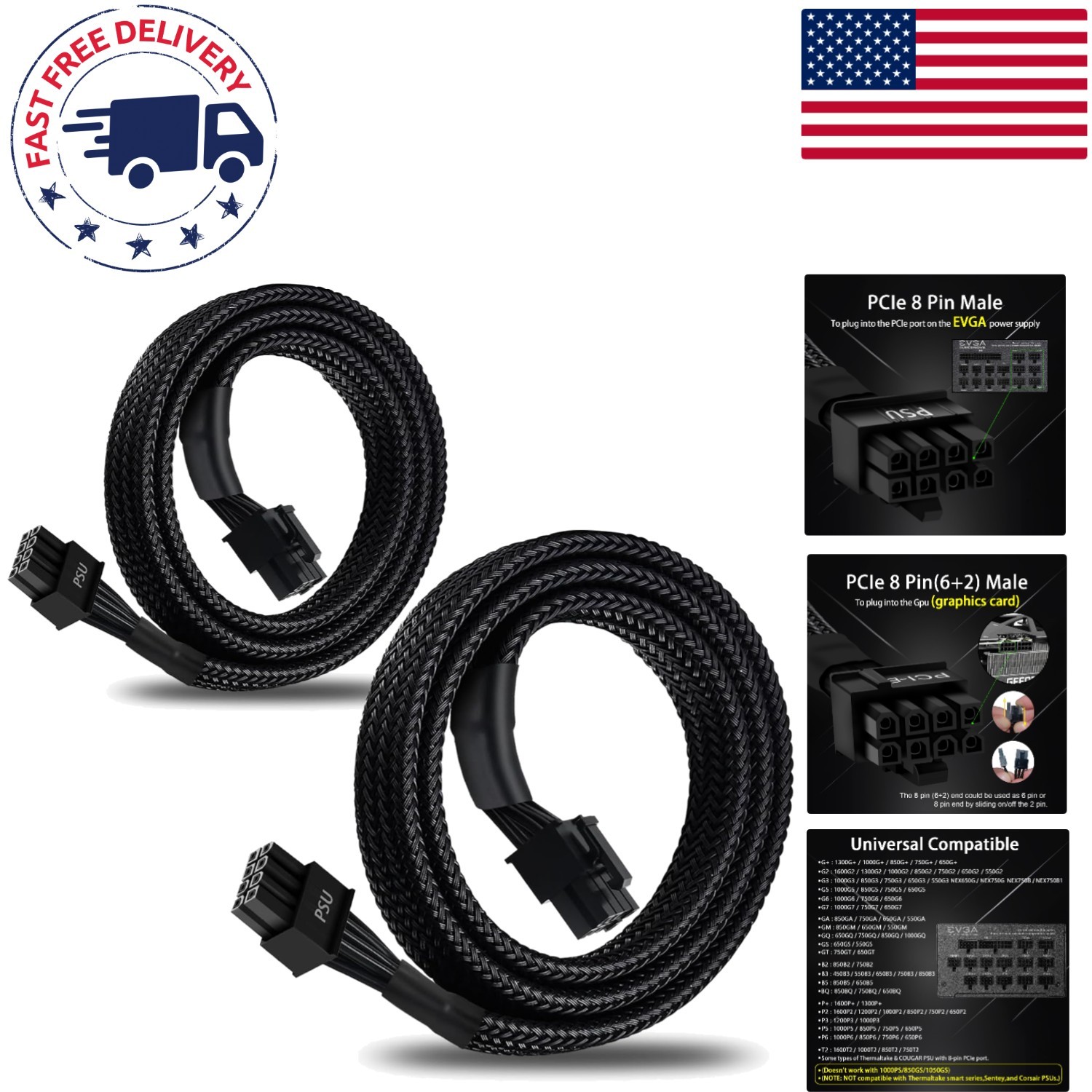 2-Pack 8 Pin PCIe Male to 6+2 Male Power Cables, Compatible with Major Brands