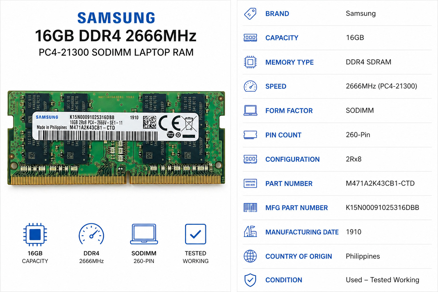 Samsung 16GB DDR4 2666MHz PC4-21300 SODIMM RAM M471A2K43CB1-CTD Tested Working