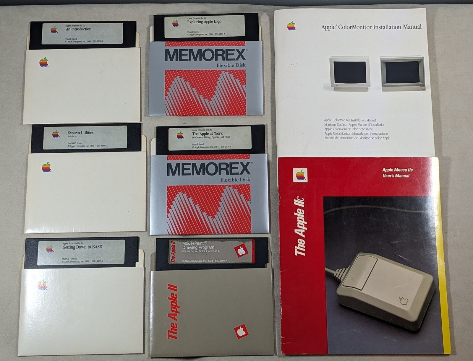 Vintage Apple IIc Software & Manuals Lot – 6 Floppy Disks + 2 Manuals – Untested