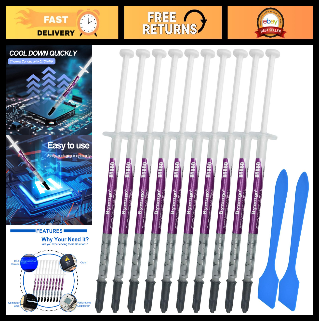 10 Pack Thermal Paste Kit 5.15 W/MK High Performance Compound Grease for CPU, He