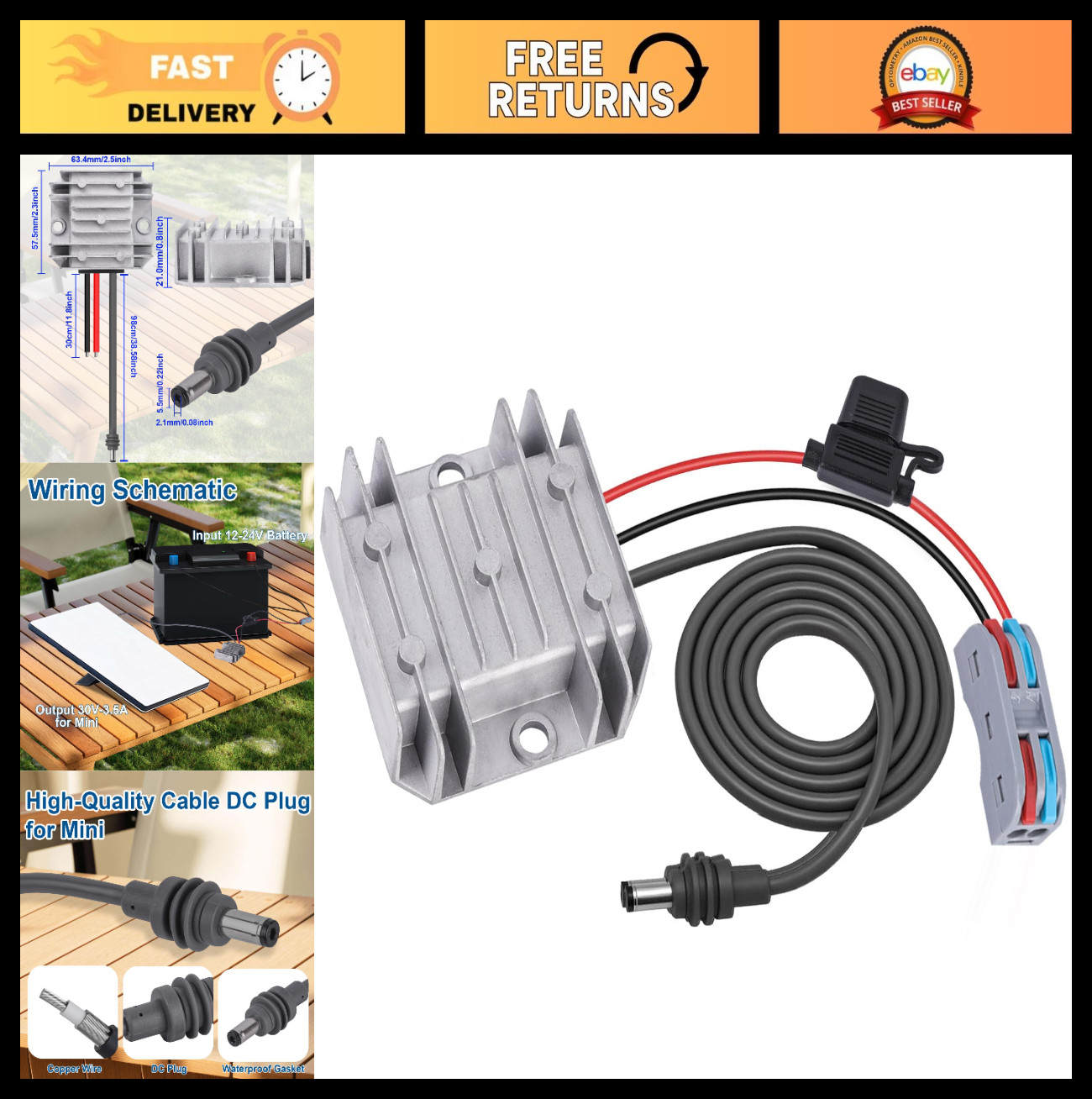 12V/24V to 30V 3.5A Power Converter Cable, Mini Step Up Adapter Cord with Fuse (