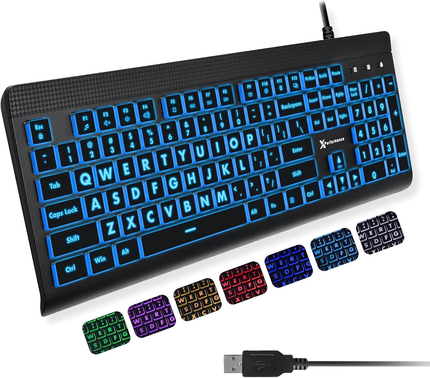 X9 Large Print Backlit Computer Keyboard - Easy to See Big Letters - 7 Lights