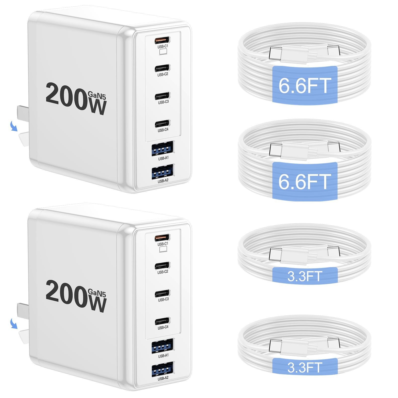 2 Pack 200W USB Charger, Laptop Fast Charger, 6-Port Wall Charger Charging Bl...