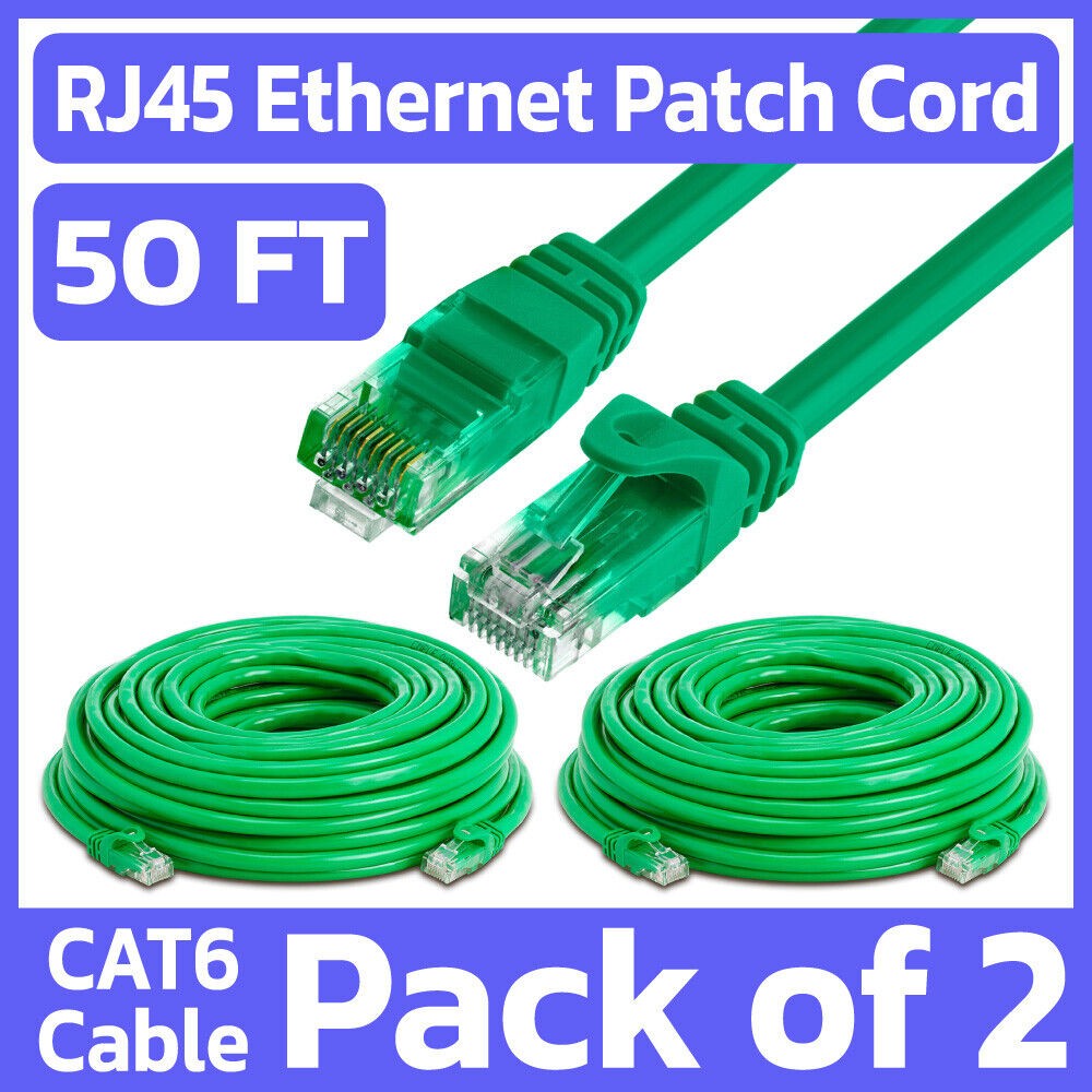 2 Pack 50FT Cat6 Patch Cord Green RJ45 LAN Ethernet Cable Network Internet Cord