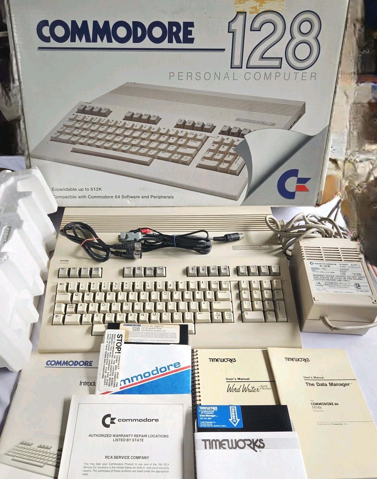 Commodore 128 C128 Computer Box Foam PSU Manuals CP/M Disk Powers On Vintage