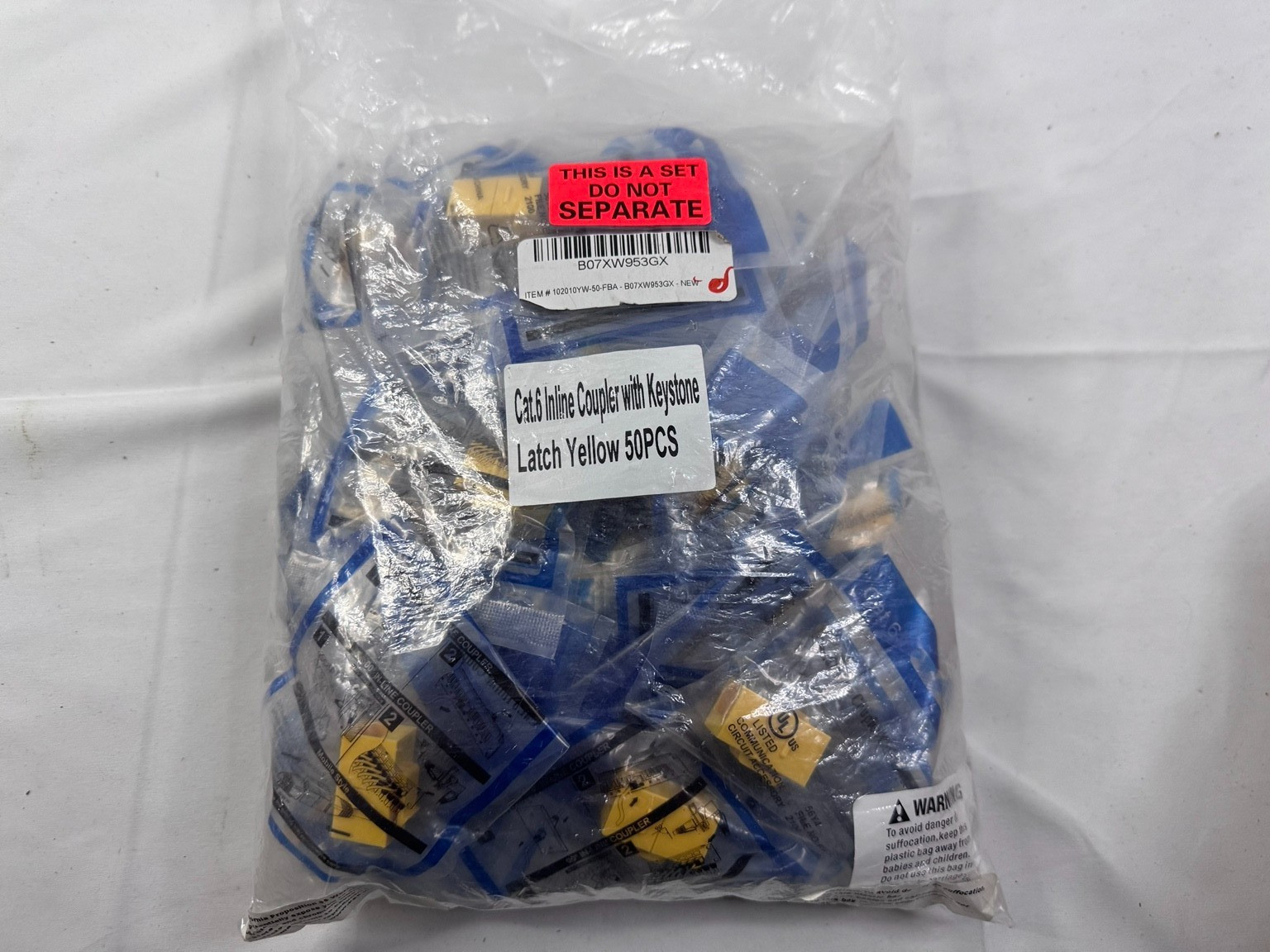 50 Pack Cat6 Inline Keystone Coupler RJ45 Ethernet Jack Yellow Latch Network Con