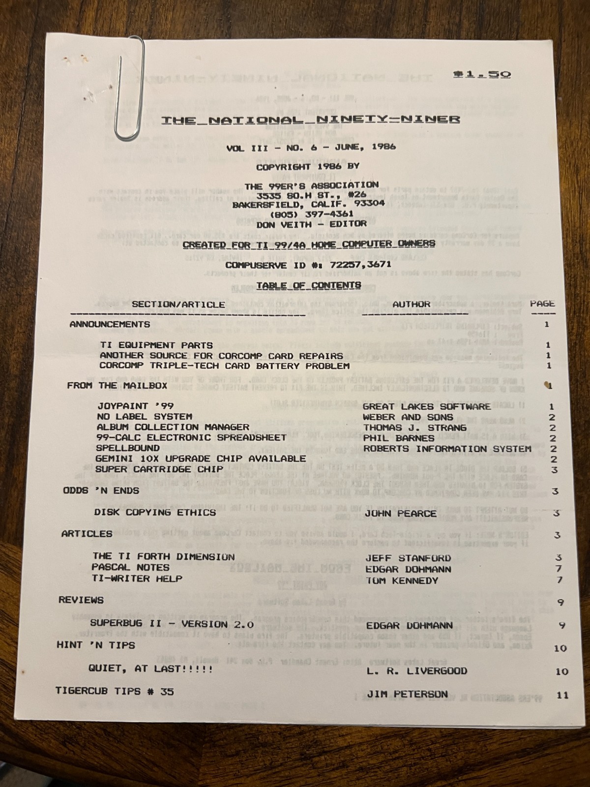 National Ninety-Niner TI-99/4A Users Group Newsletter, June 1986