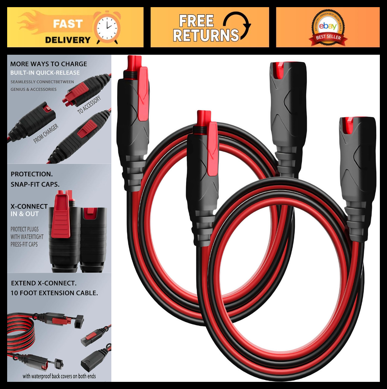 10.5ft Extension Cable for NOCO Genius Smart Battery Chargers - 2 Pack Accessory
