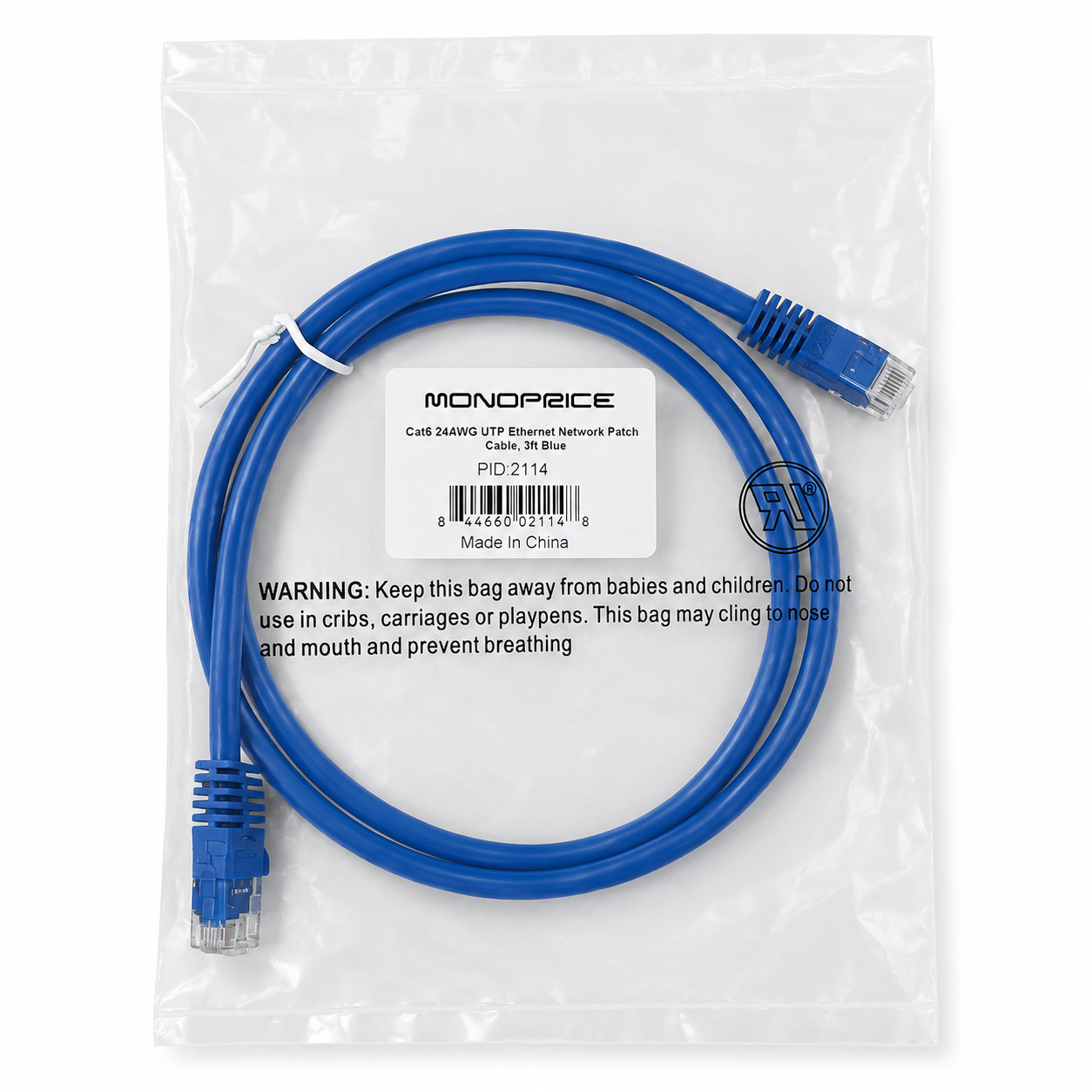 Monoprice 3FT Cat6 Ethernet Patch Cable Blue RJ45 24AWG UTP 2114 Gold