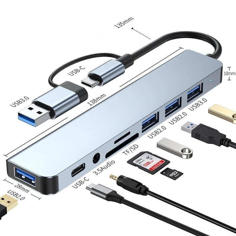 8 in 2Port USB-C Hub Adapter - 5G Speed Multi Splitter for PC, Laptop & MacBook