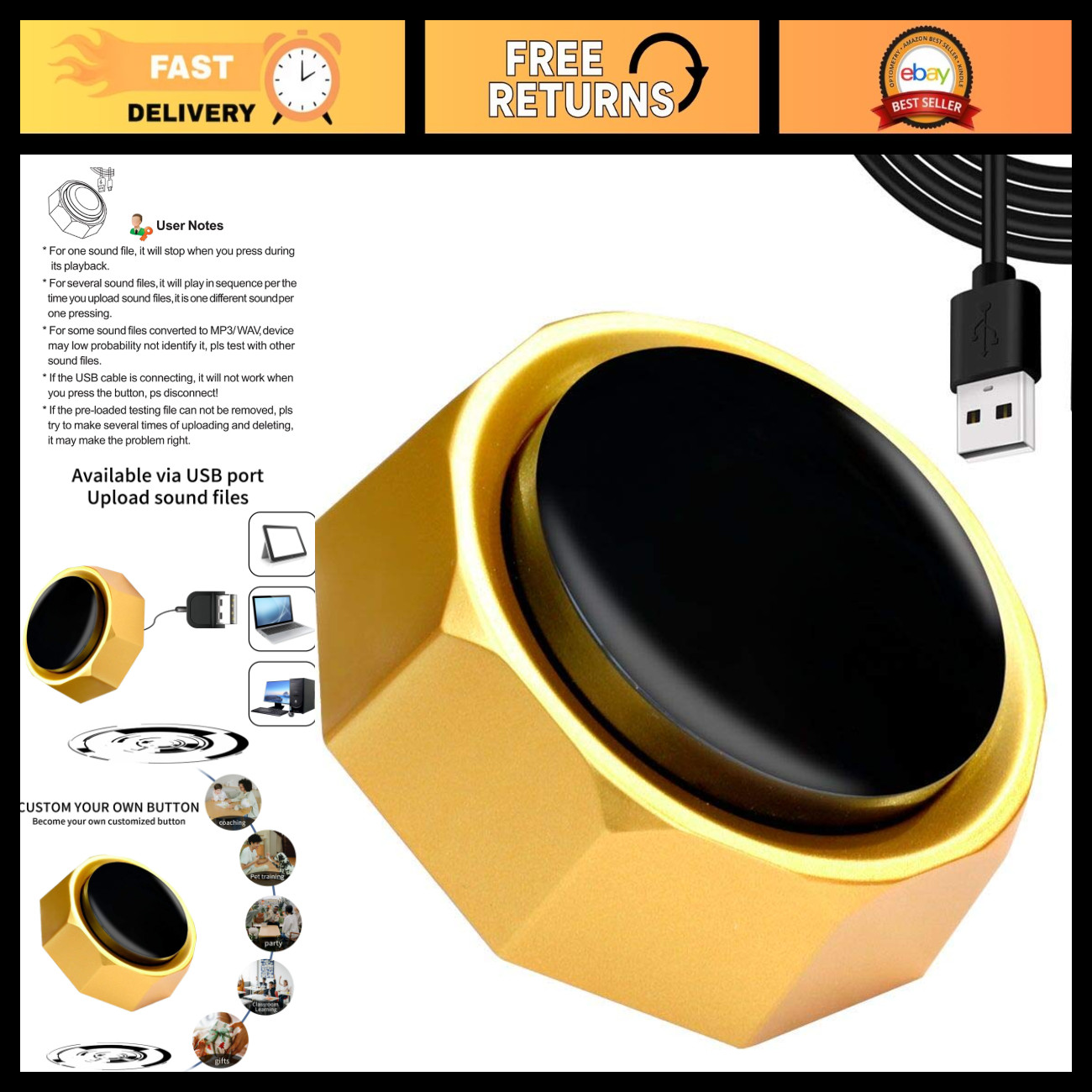 Custom USB Sound Button - Upload Audio Files, 100+ Recordings, High-Quality Play