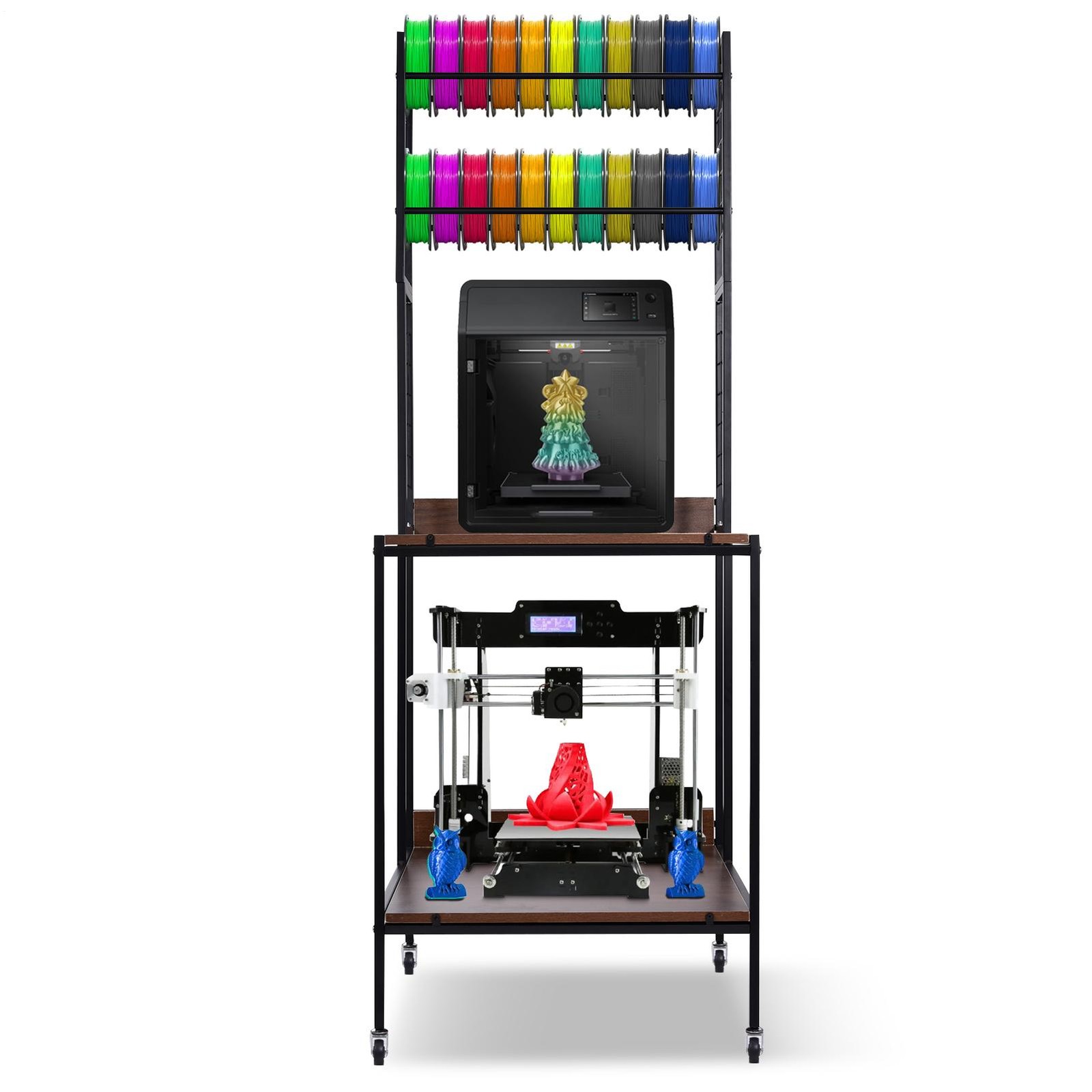 Heavy Duty Mobile 3D Printer Stand w/ Double Layer Filament Storage Rack+Wheels-