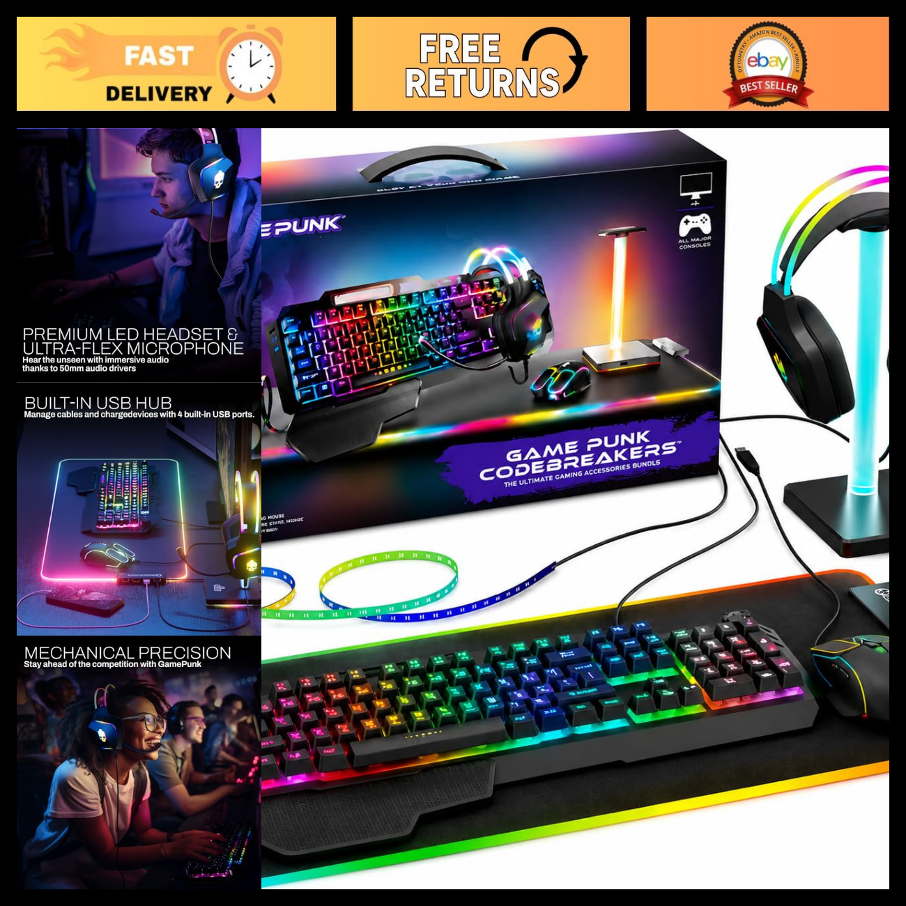 RGB Mechanical Gaming Keyboard & Mouse Combo, Headset & Mouse Pad Set - 6PC