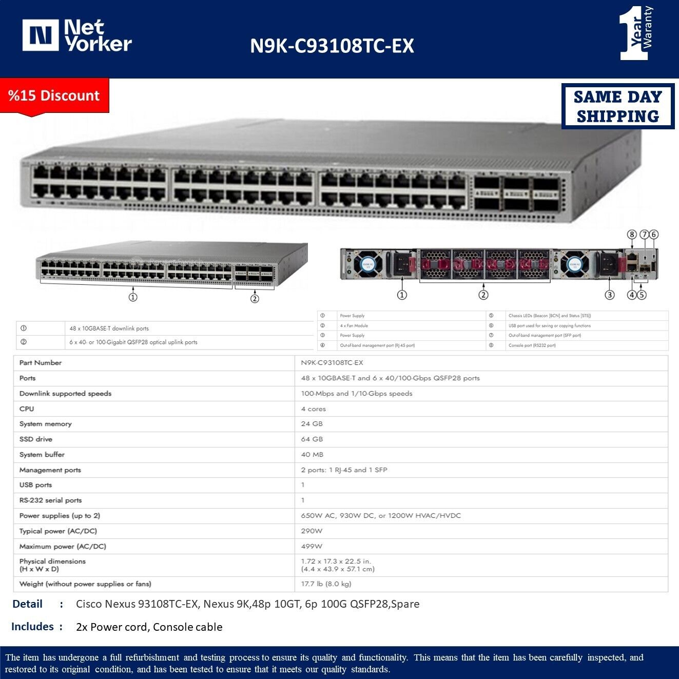 Cisco Nexus N9K-C93108TC-EX 48 Port Switch  - Same Day Shipping