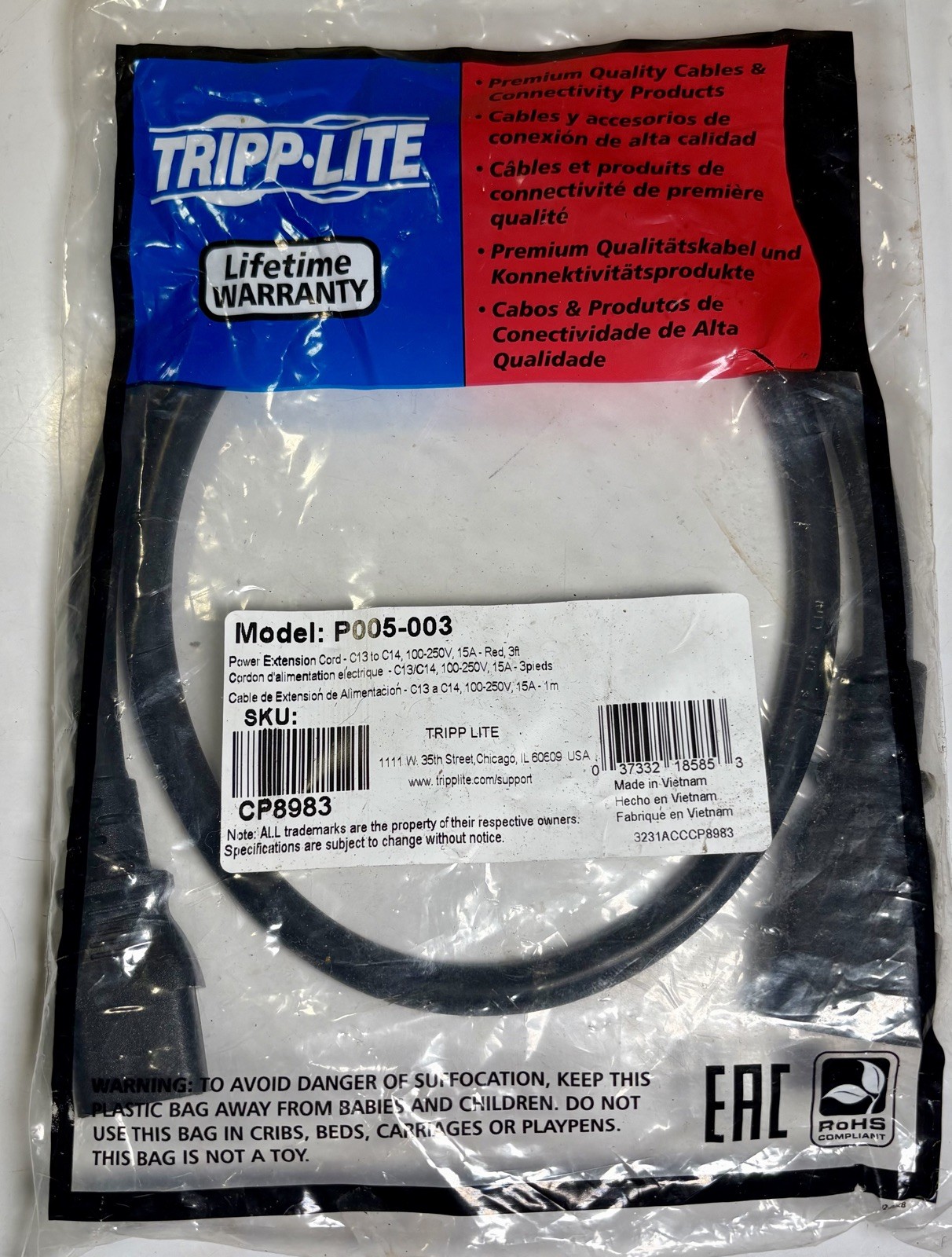 NEW Tripp-Lite C13 to C14 250V 3' Power Extension Cord P005-003 Heavy Duty Cords