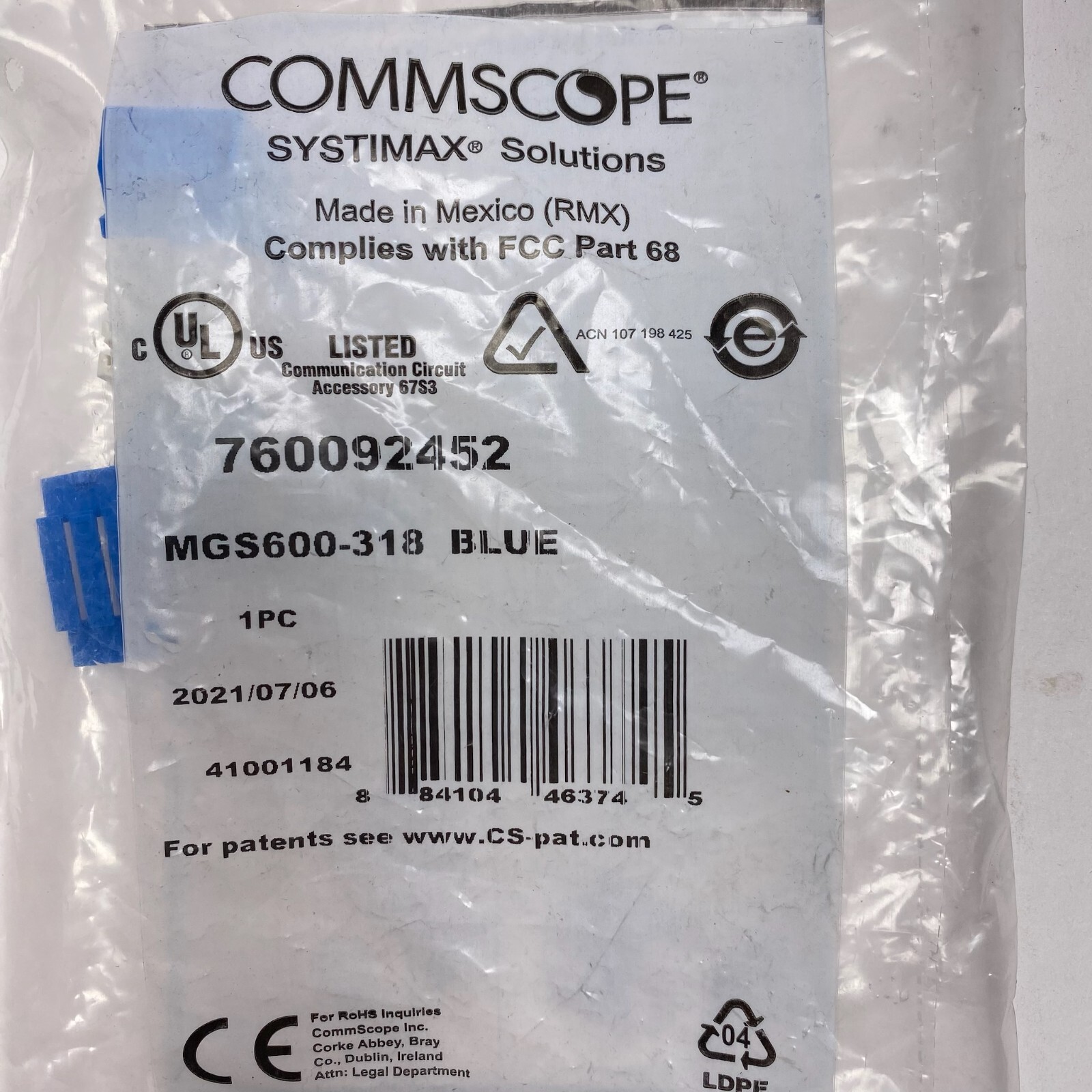 CommScope - Systimax - Lucent - 760092452 - MGS600-318 - Cat6a - Jack - Blue