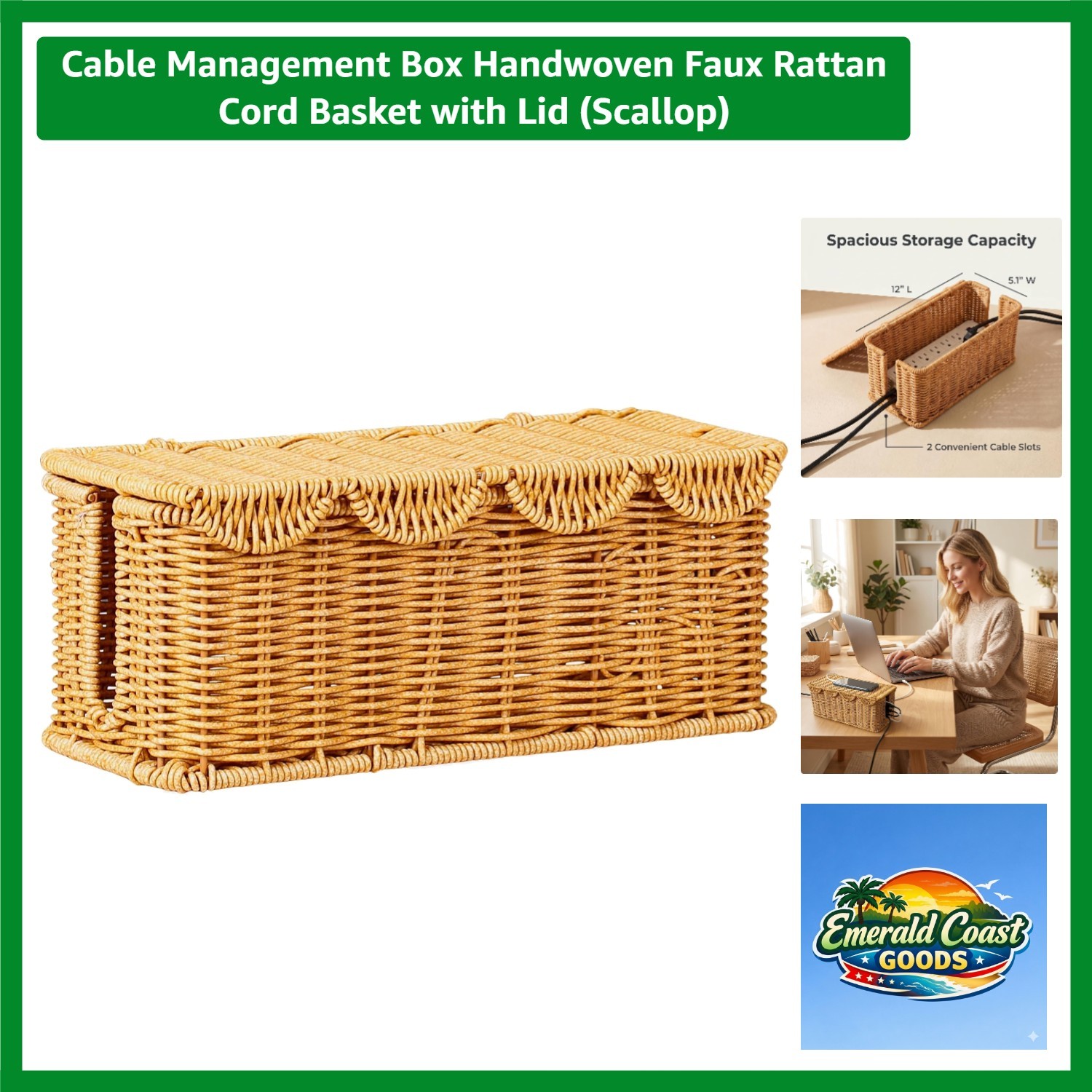 Elegant Handwoven Faux Rattan Cable Management Box with Scalloped Lid - 11"x5"