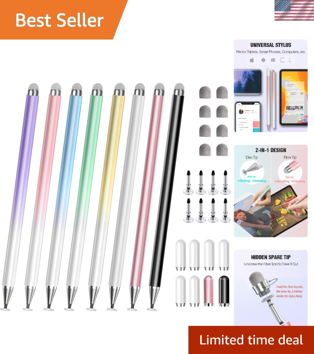 8-Pack Fine Disc Tip Stylus Pens for iPad & Android - Replaceable Tips Included